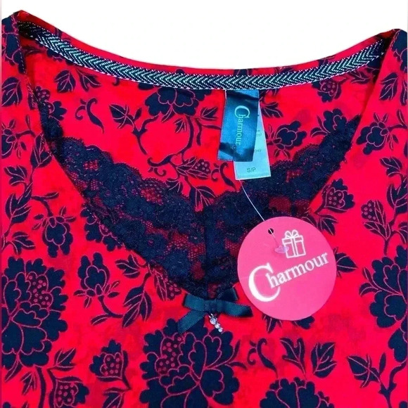 Charmour, Floral Red & Black Pajama Set - Cozy Comfort, Small 🌙 - Picture 3 of 11